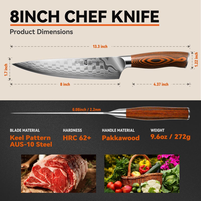 TUO سكين شيف TUO 8" من الفولاذ الياباني AUS-10، سكين مطبخ داماسكوس ب67 طبقة، شفرة من الفولاذ عالي الكربون بنمط التنين ومقبض باكاوود - Image 3